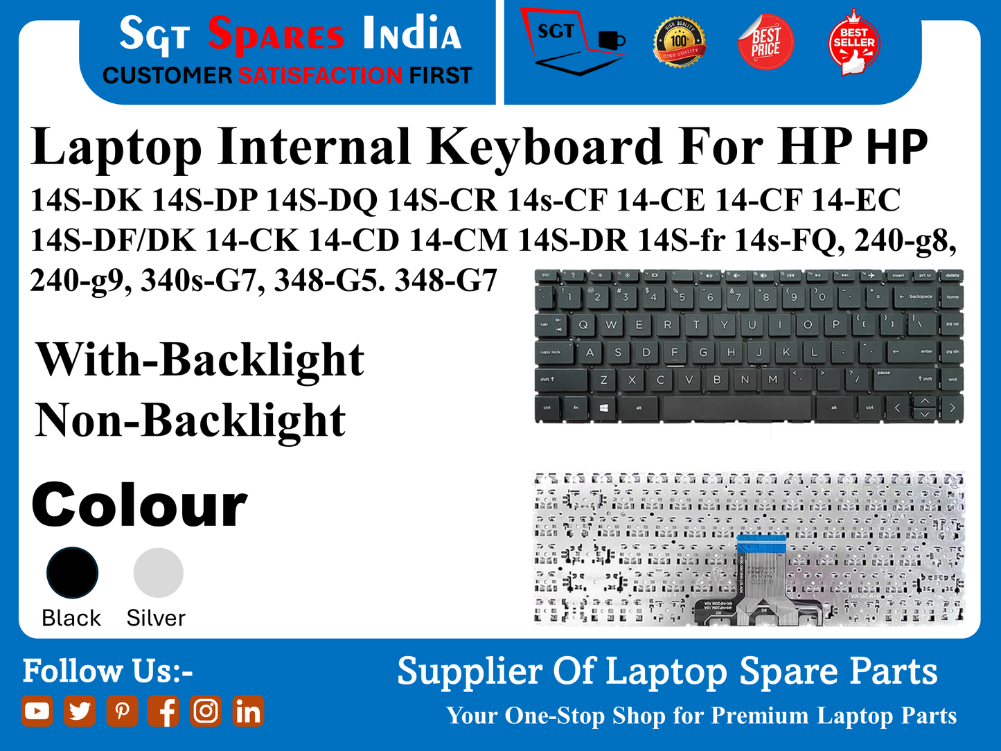 Laptop Internal Keyboard For HP HP 14S-DK 14S-DP 14S-DQ 14S-CR 14S-CF 14-CE 14-CF 14-EC 14S-DF/DK 14-CK 14-CD 14-CM 145-DR 14S-fr 14s-FQ, 240-g8, 240-g9, 340s-G7, 348-G5. 348-G7 With-Backlight Non-Backlight Colour Black Silver