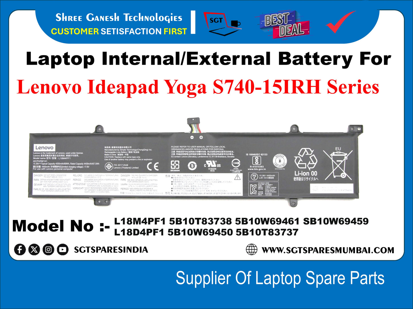 Laptop Internal Compatible Battery For Lenovo Ideapad Yoga S740-15IRH Series&nbsp; Model No : - L18M4PF1, 5B10T83738, 5B10W69461, 5B10W69459, L18D4PF1, 5B10W69450, 5B10T83738