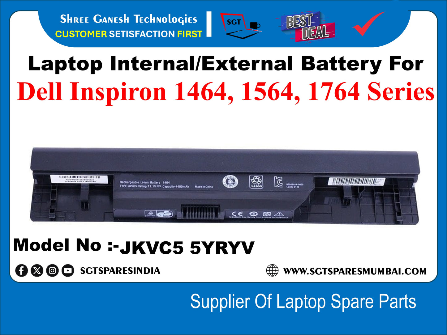 Laptop Compatible External Battery For Dell Inspiron 1464, 1564, 1764 Series Model No :- JKVC5 5YRYV