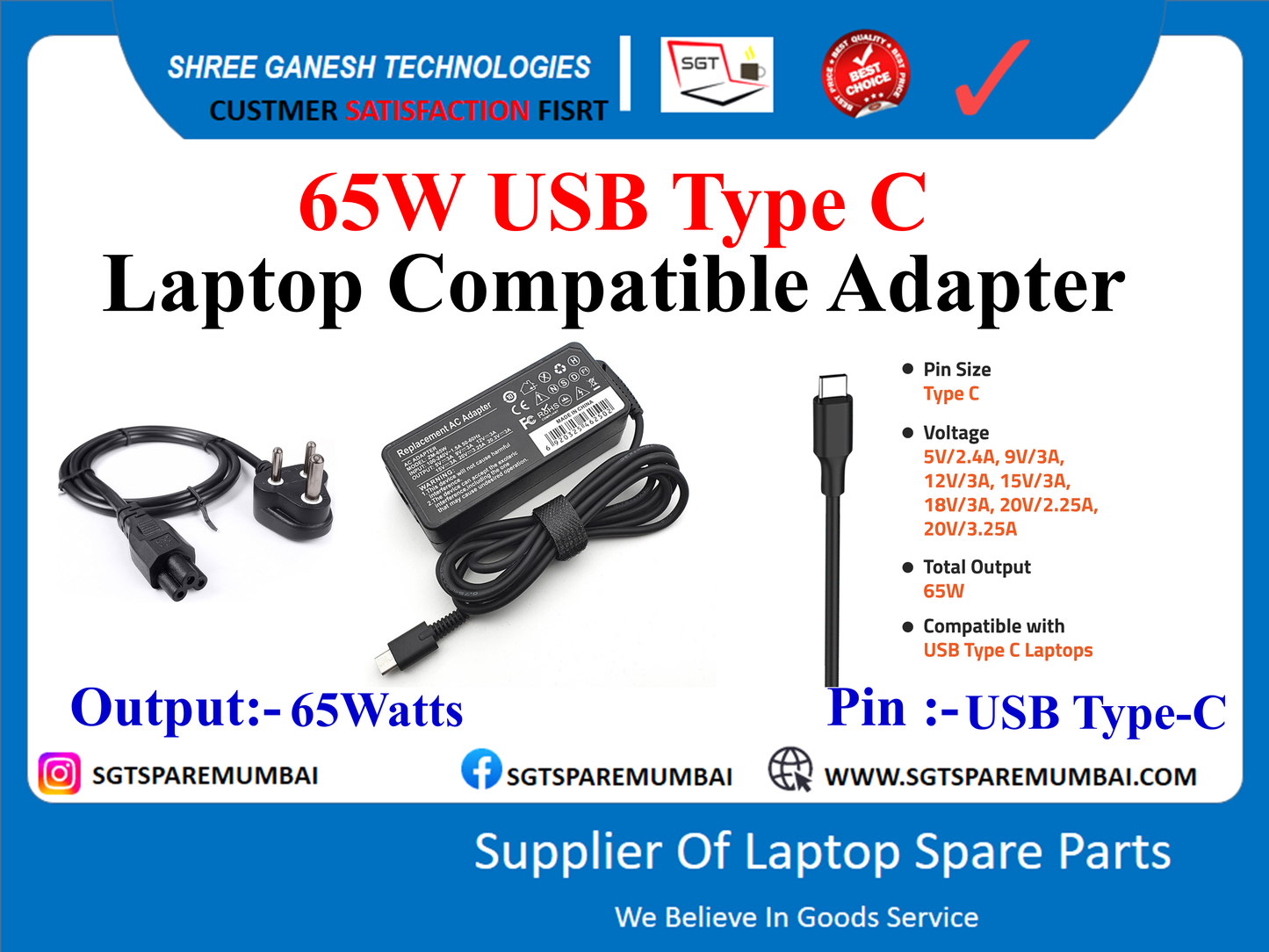 65W USB Type C Laptop Compatible Adapter