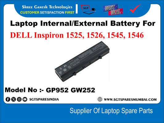 Laptop Compatible External Battery For DELL Inspiron 1525, 1526, 1545, 1546 Model No :- GP952 GW252