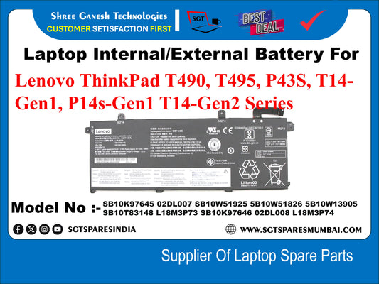 Laptop Internal Compatible Battery For Lenovo ThinkPad T490, T495, P43S, T14- Gen1, P14s-Gen1 T14-Gen2 Series Model No :- 5B10K97645, 02DL007, 5B10W51925, 510W51826 5B10W13905, 5B10T83148, L18M3P73, 5B10K97646, 02DL008, L18M3P74