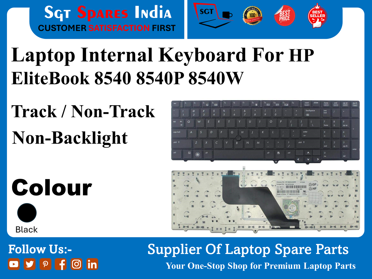 Laptop Internal Keyboard For HP EliteBook 8540 8540P 8540W Track / Non-Track Non-Backlight Colour Black