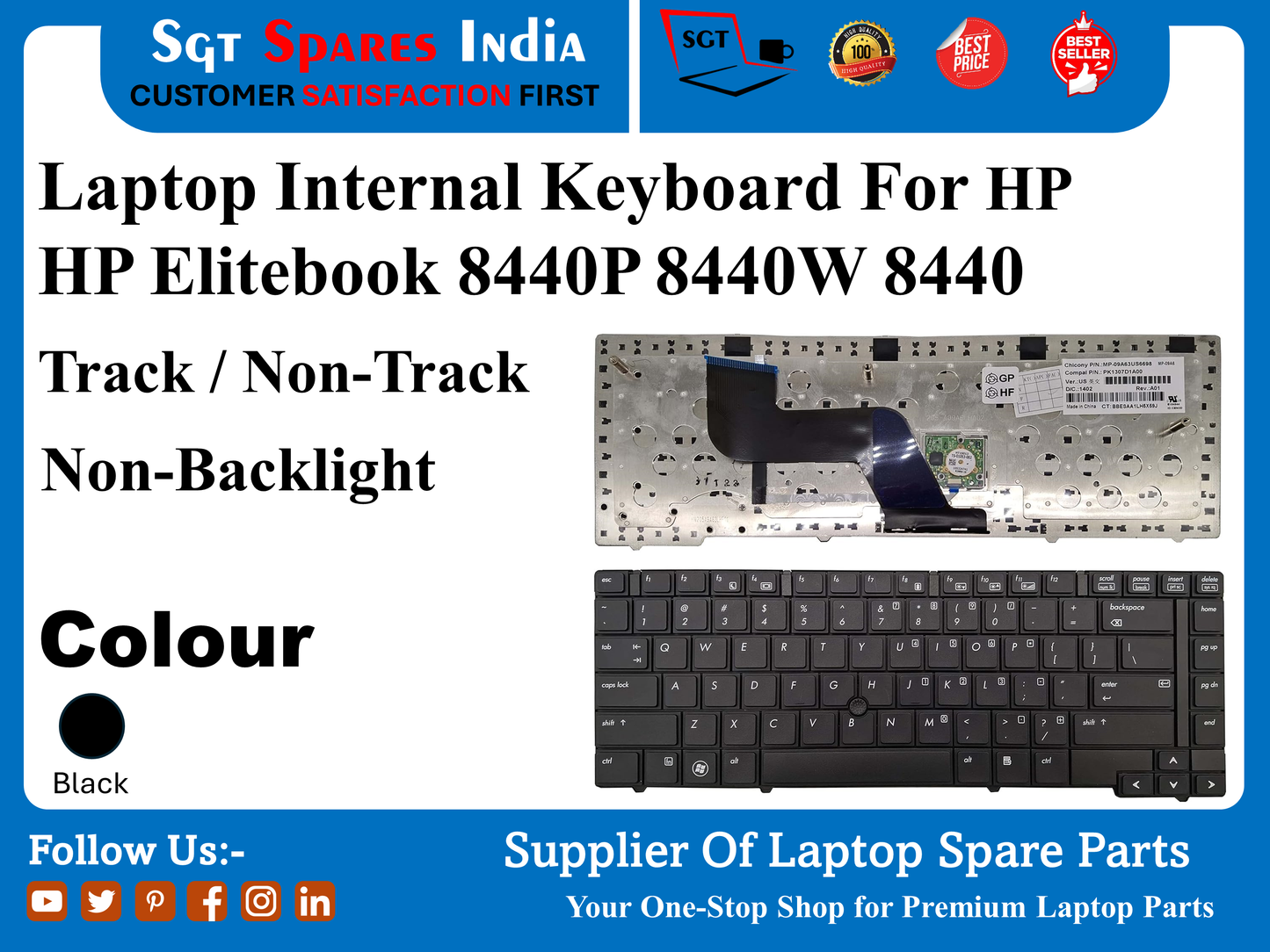 Laptop Internal Keyboard For HP HP Elitebook 8440P 8440W 8440 Track / Non-Track Non-Backlight Colour Black