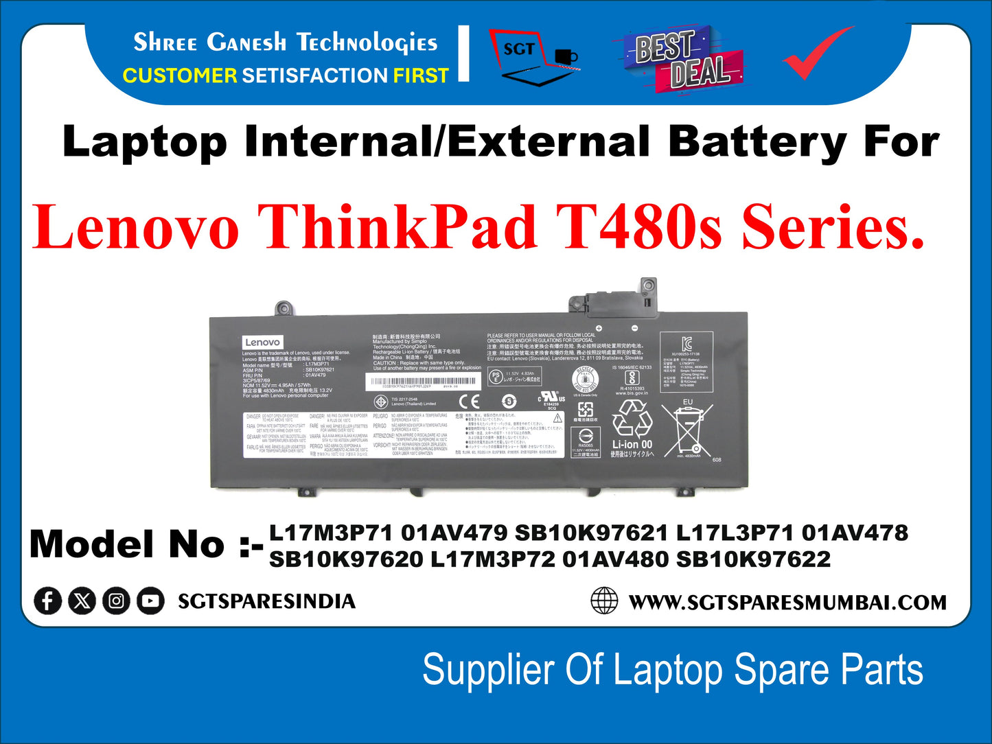 Laptop Internal Compatible Battery For Lenovo ThinkPad T480s Series. Model No :- L17M3P71, 01AV479, 5B10K97621, L17L3P71, 01AV478, 5B10K97620, L17M3P72, 01AV480, 5B10K97622