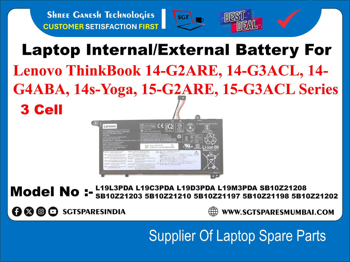 Laptop Internal Compatible Battery For Lenovo ThinkBook 14-G2ARE, 14-G3ACL, 14- G4ABA, 14s-Yoga, 15-G2ARE, 15-G3ACL Series 3 Cell Model No :- L19L3PDA, L19C3PDA, L19D3PDA, L19M3PDA, 5B10Z21208, 5B10X21203, 5B10Z21210, 5B10Z21197, 5B10X21198, 5B10Z21202