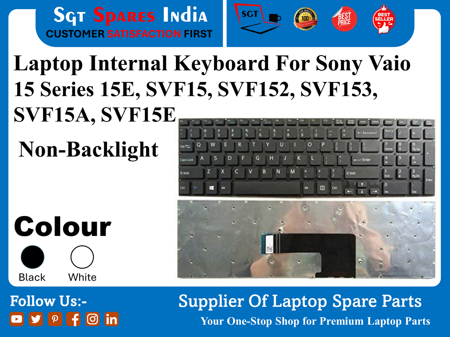 Laptop Internal Keyboard For Sony Vaio 15 Series 15E, SVF15, SVF152, SVF153, SVF15A, SVF15E Non-Backlight Colour Black White