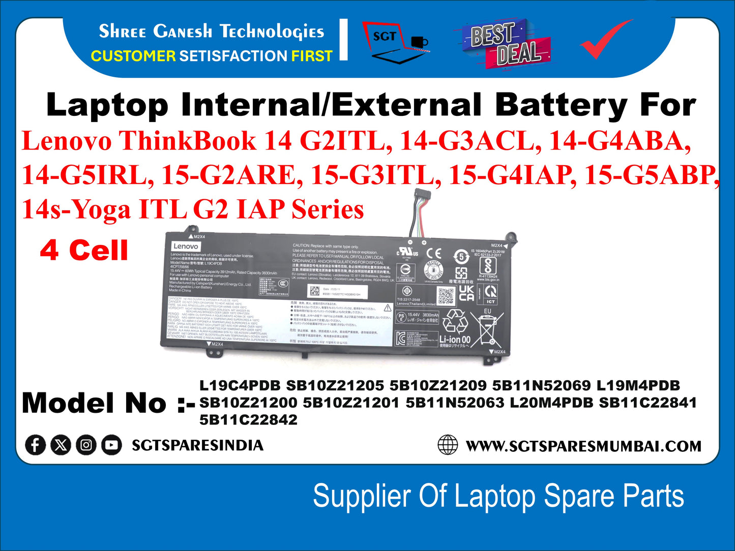 Laptop Internal Compatible Battery For Lenovo ThinkBook 14 G2ITL, 14-G3ACL, 14-G4ABA, 14-G5IRL, 15-G2ARE, 15-G3ITL, 15-G4IAP, 15-G5ABP., 14s-Yoga ITL G2 IAP Series 4 Cell Model No :- L19C4PDB, 5B10Z21205, 5B10Z21209, 5B11N52069, L19M4PDB