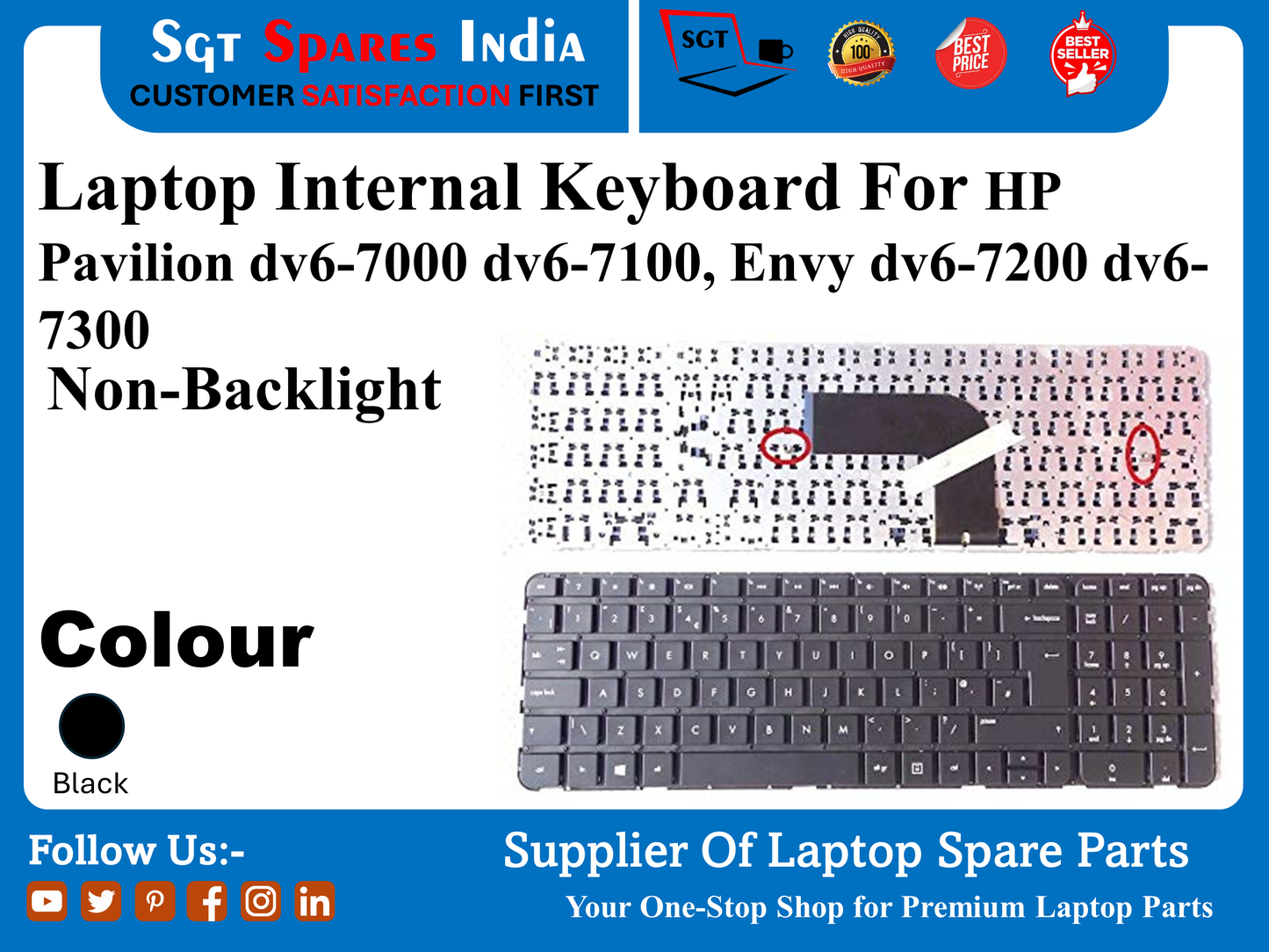 Laptop Internal Keyboard For HP Pavilion dv6-7000 dv6-7100, Envy dv6-7200 dv6- 7300 Non-Backlight  Colour Black