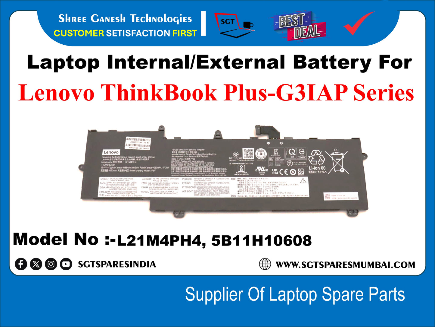 Laptop Internal Compatible Battery For Lenovo ThinkBook Plus-GIAP Series ge. CEO SE Model No :-L21M4PH4, 5B11H10608