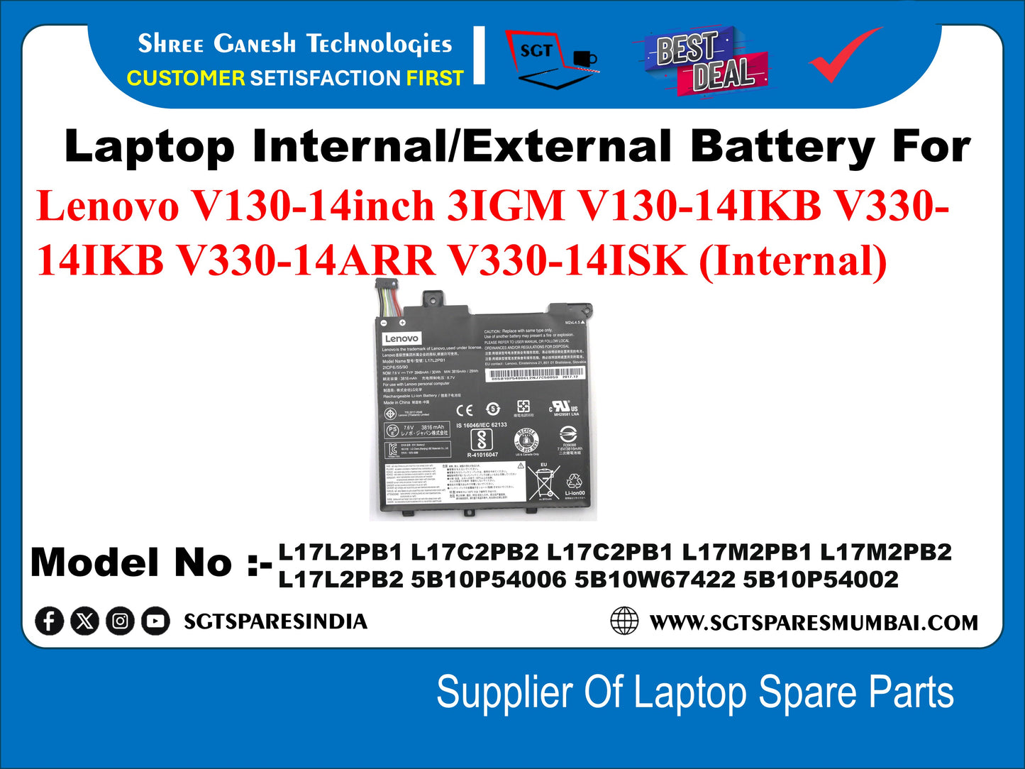 Laptop Internal Comaptible Battery For Lenovo V130-14inch 3IGM V130-141KB, V330- 14IKB, V330-14ARR, V330-14ISK (Internal), Model No :- L17L2PB1, L17C2PB2, L17M2PB1, L17M2PB2, L17L2PB2, 5B10P54006, 5B10W67422, 5B10P54002&nbsp;