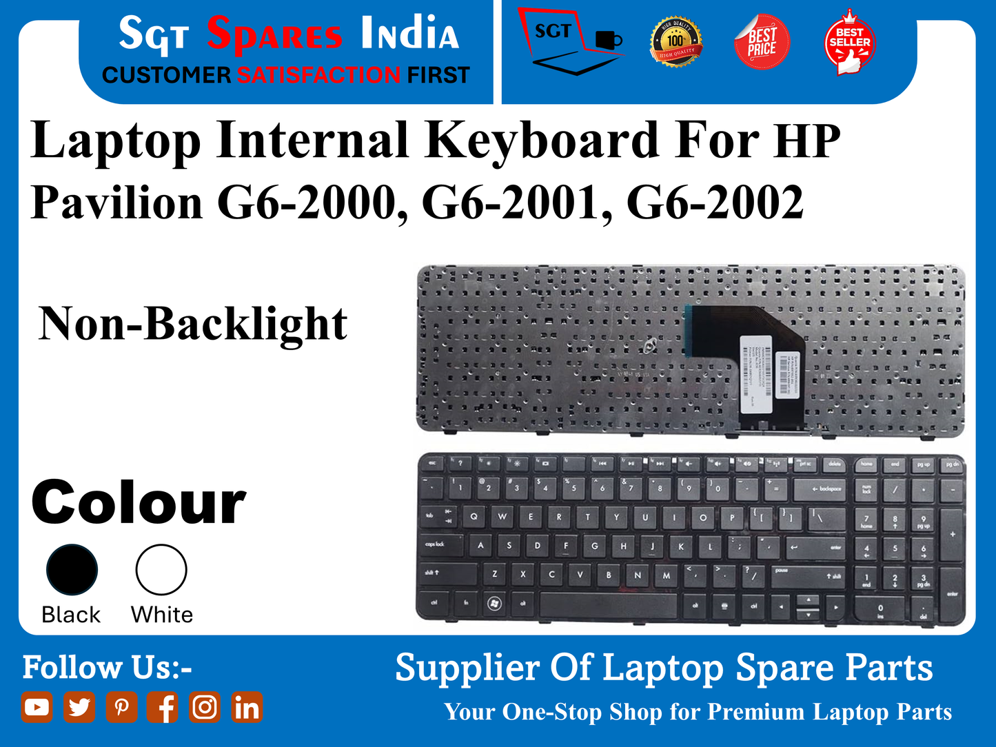 Laptop Internal Keyboard For HP Pavilion G6-2000, G6-2001, G6-2002 Non-Backlight Colour Black White