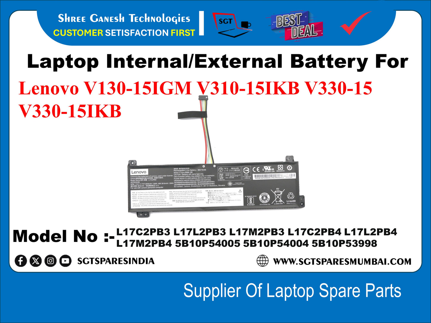 Laptop Internal Compatible Battery For Lenovo V130-15IGM V310-15IKB V330-15 V330-15IKB Model No :-L17C2PB3, L17L2PB3, L17M2PB3, L17C2PB4, L17L2PB4, L17M2PB4, 5B10P54005, 5B10P54004, 5B10P53998