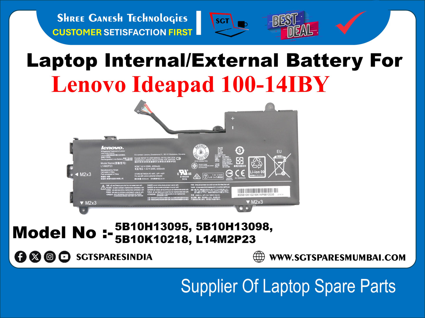 Laptop Internal Compatible Battery For Lenovo Ideapad 100-14IBY, Model No :- 510H13095, 5B10H13098,&nbsp; 5B10K10218, L14M2P23