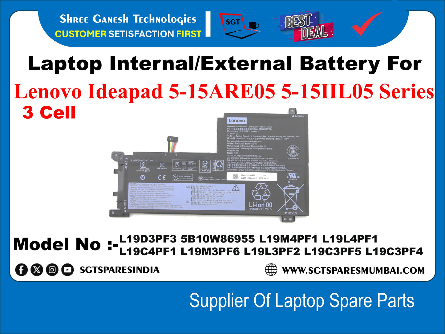 Laptop Internal Battery For Lenovo Ideapad 5-15ARE05 5-15iiL05 Series 3 Cell, Model No:- L19D3PF3, 5B10W86955, L19M4PF1, L19L4PF1, L19C4PF1, L19M3PF6, L19L3PF2, L19C3PF5, L19C3PF4