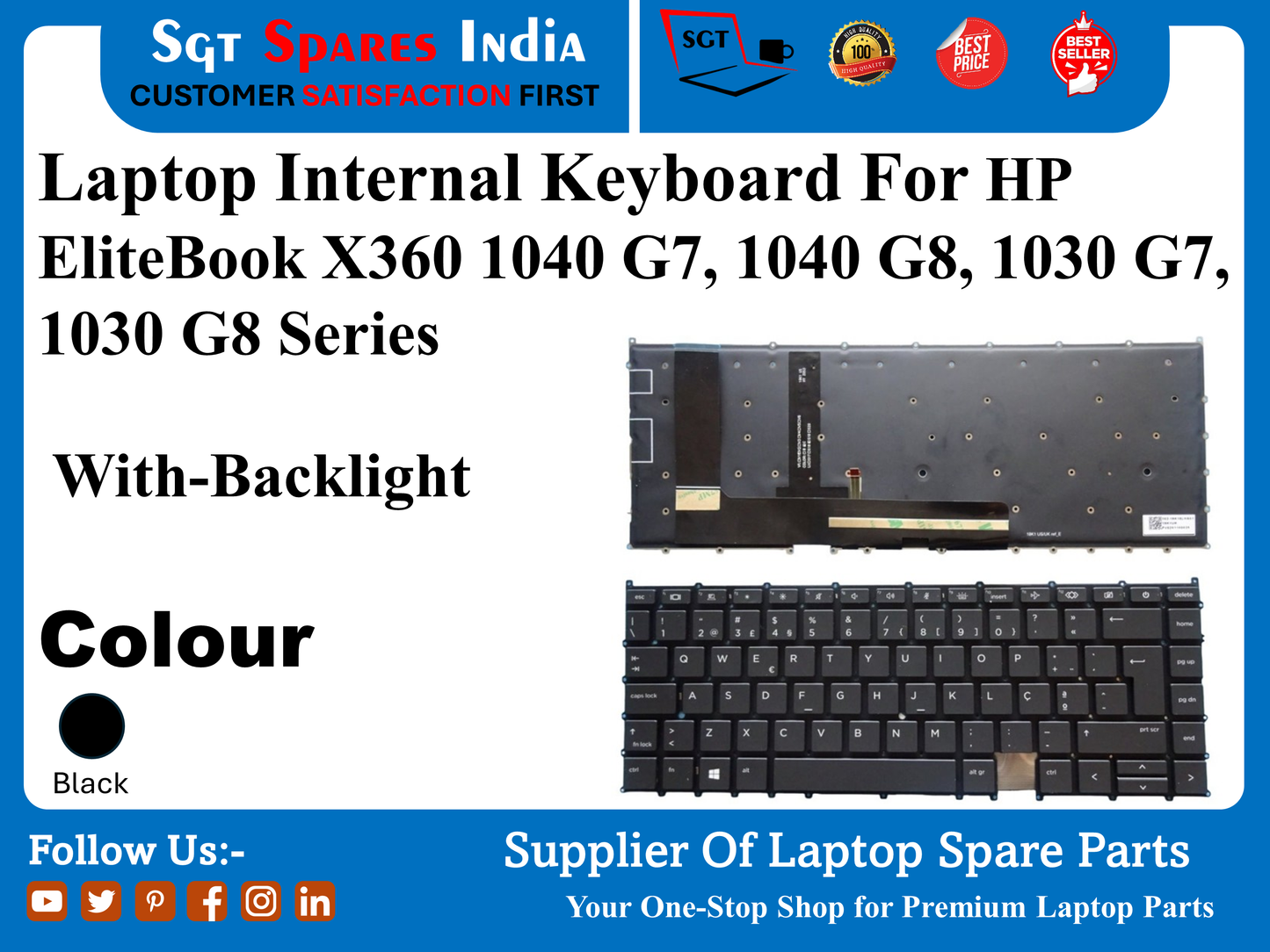 Laptop Internal Keyboard For HP EliteBook X360 1040 G7, 1040 G8, 1030 G7, 1030 G8 Series With-Backlight Colour Black