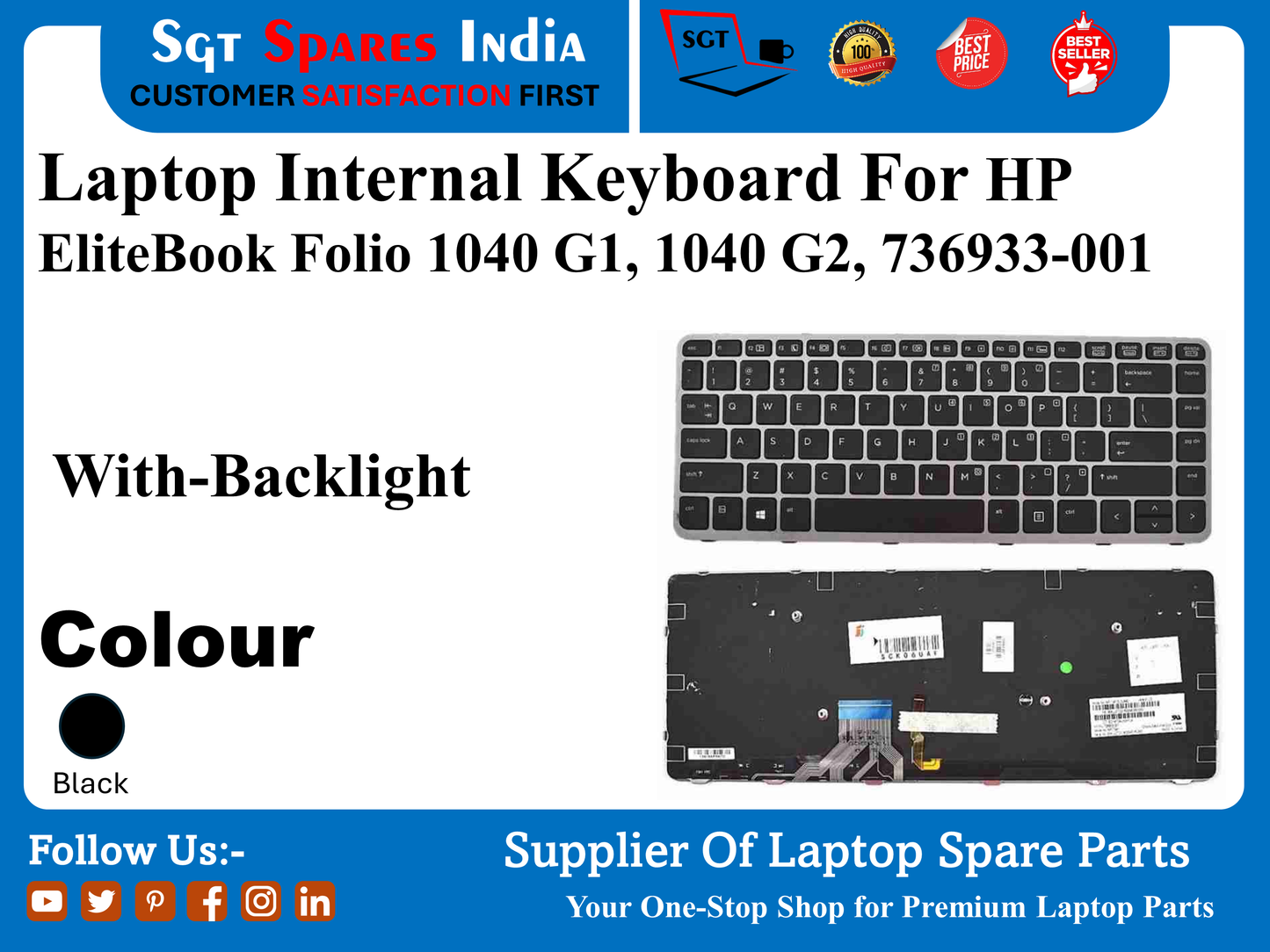 Laptop Internal Keyboard For HP EliteBook Folio 1040 G1, 1040 G2, 736933-001 With-Backlight Colour Black