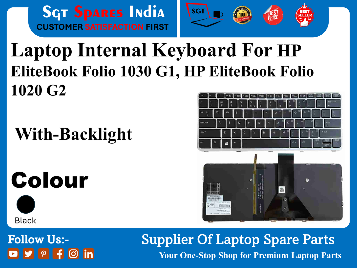 Laptop Internal Keyboard For HP Elite Book Folio 1030 G1, HP EliteBook Folio 1020 G2 With-Backlight Colour Black