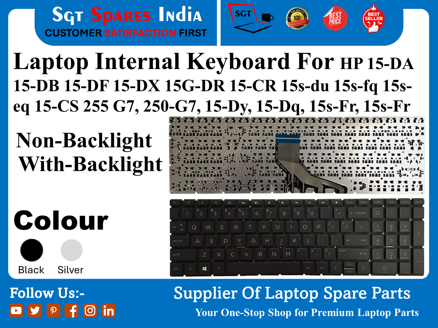 Laptop Internal Keyboard For HP 15-DA 15-DB 15-DF 15-DX 15G-DR 15-CR 15s-du 15s-fq 15s- eq 15-CS 255 G7, 250-G7, 15-Dy, 15-Da, 15s, 55 Non-Backlight With-Backlight Colour Black Silver