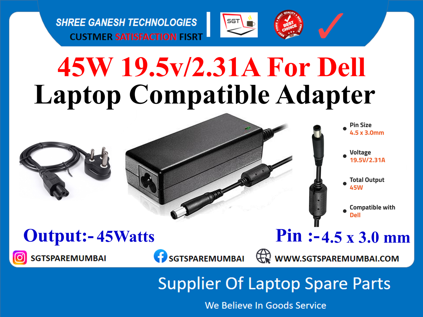 45W 19.5v/2.31A For Dell Laptop Compatible Adapter