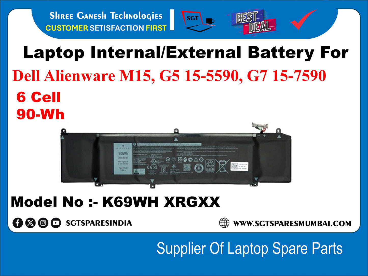 Laptop Internal Compatible Battery For Dell Alienware M15, G5 15-5590, G7 15-7590 6 Cell 90-Wh Model No : - K69WH XRGXX