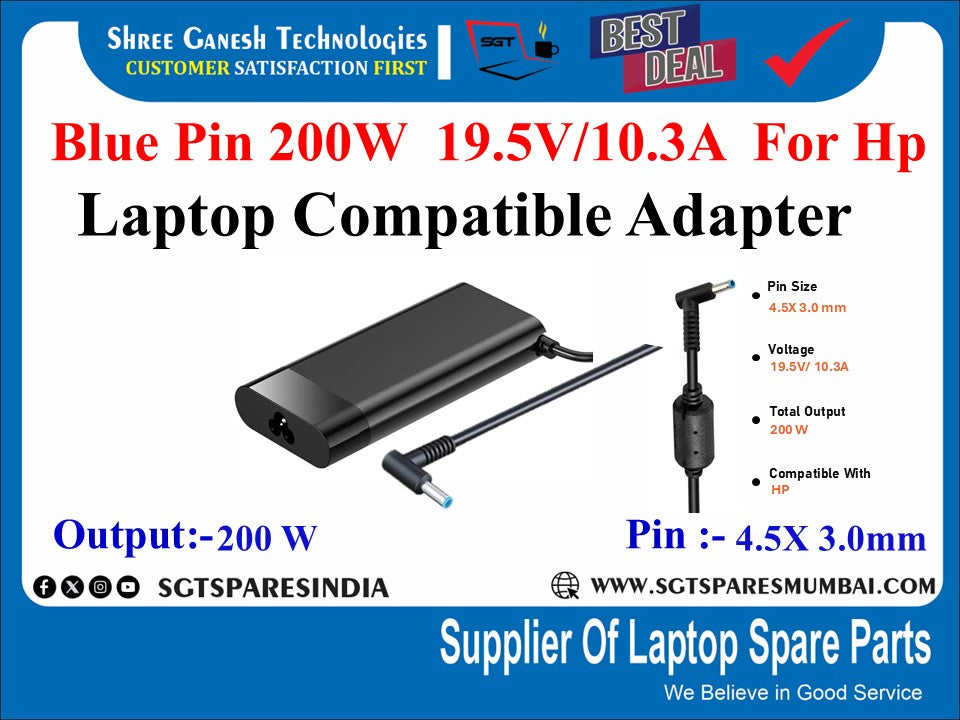 Blue Pin 200W  19.5V/10.3A  For Hp Laptop Compatible Adapter