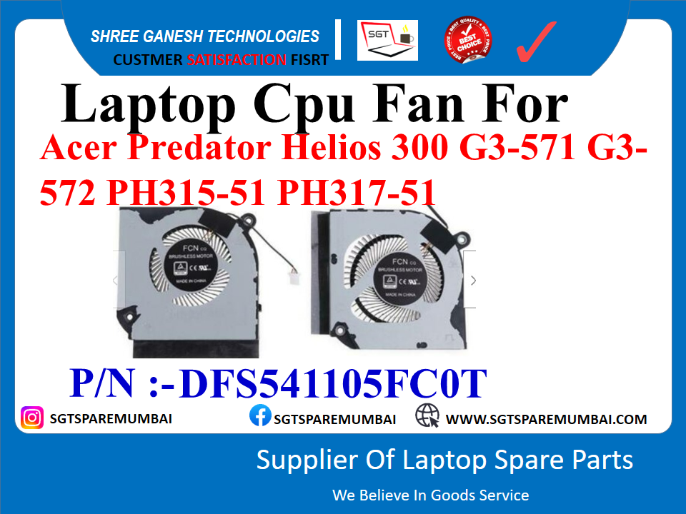 Laptop Cpu +Gpu Fan For Acer Predator Helios 300 G3-571 G3- 572 PH315-51 PH317-51 P/N :-DFS541105FC0T