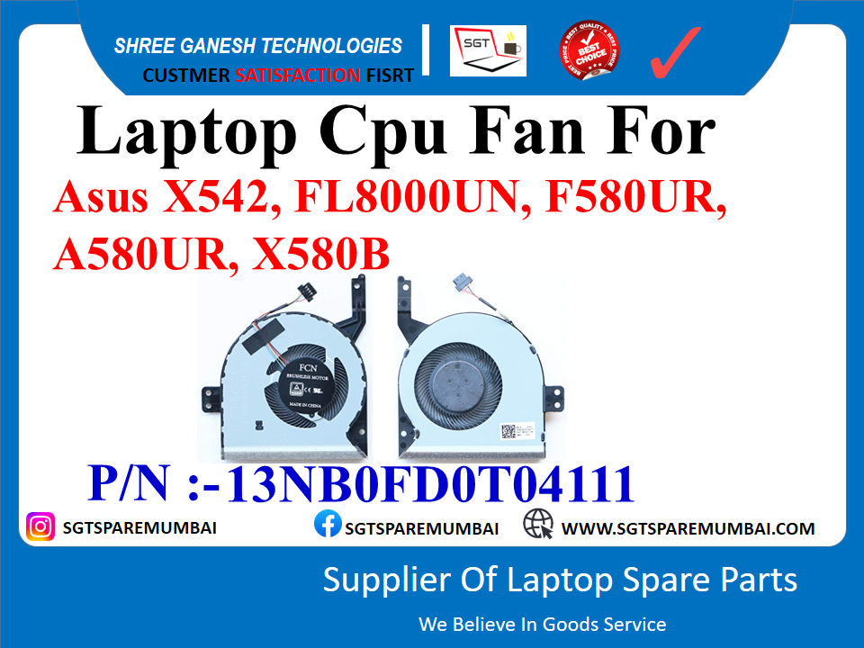 Laptop Cpu Fan For Asus X542, FL8000UN, F580UR, A580UR, X580B P/N :-13NB0FDOT04111