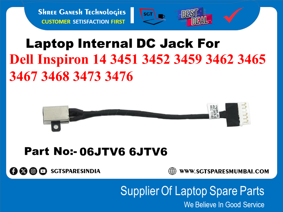 Laptop Internal DC Jack For Dell Inspiron 14 3451 3452 3459 3462 3465 3467 3468 3473 3476 Part No:- 06JTV6 6JTV6