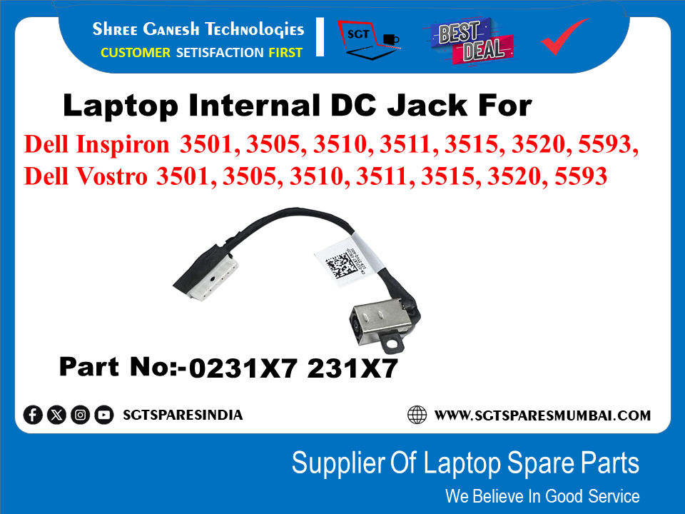 Laptop Internal DC Jack For Dell Inspiron 3501,3505, 3510, 3511, 3515, 3520, 5593, Dell Vostro 3501, 3505, 3510, 3511, 3515, 3520, 5593 Part No:- 0231X7 231X7