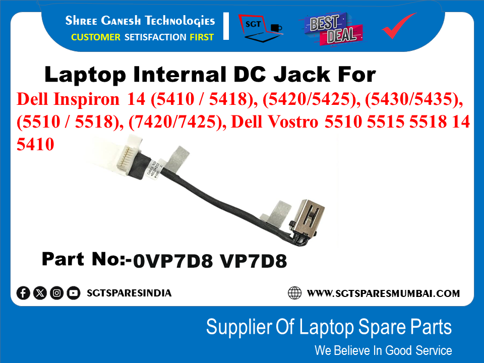 Laptop Internal DC Jack For Dell Inspiron 14 (5410/ 5418). (5420/5425), (5430/5435), (5510/ 5518), (7420/7425), Dell Vostro 5510 5515 5518 14 5410 Part No:-OVP7D8 VP7D8