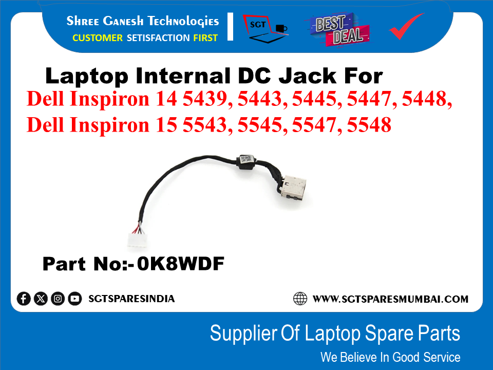 Laptop Internal DC Jack For Dell Inspiron 14 5439, 5443, 5445, 5447, 5448, Dell Inspiron 15 5543, 5545, 5547, 5548 Part No:-0K8WDF