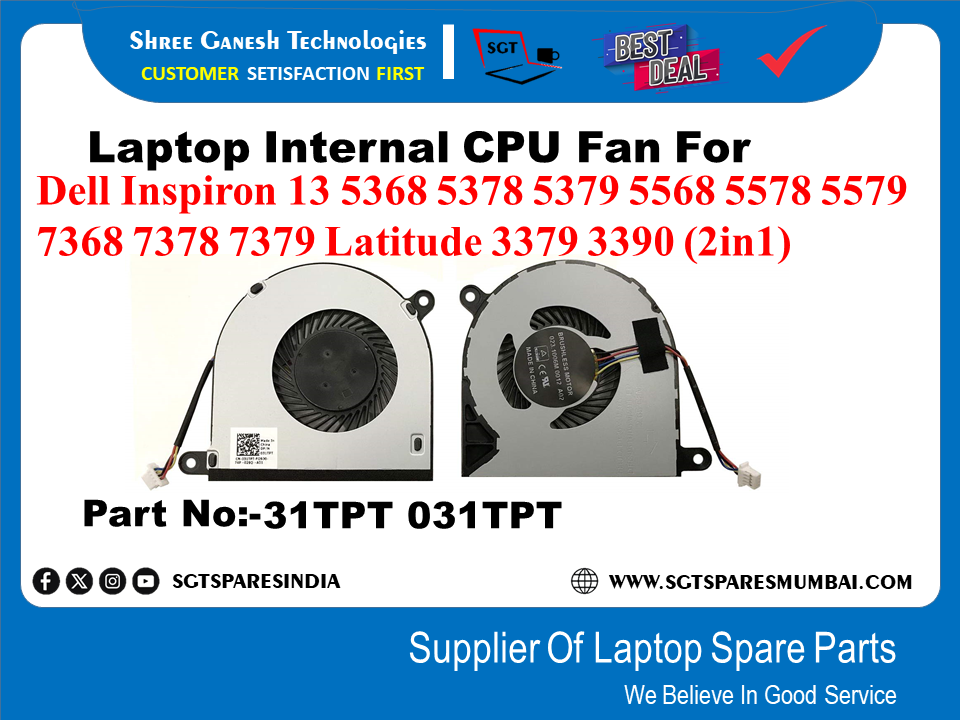 Laptop Internal CPU Fan For Dell Inspiron 13 5368 5378 5379 5568 5578 5579 7368 7378 7379 Latitude 3379 3390 (2in1) Part No:-31TPT 031TPT