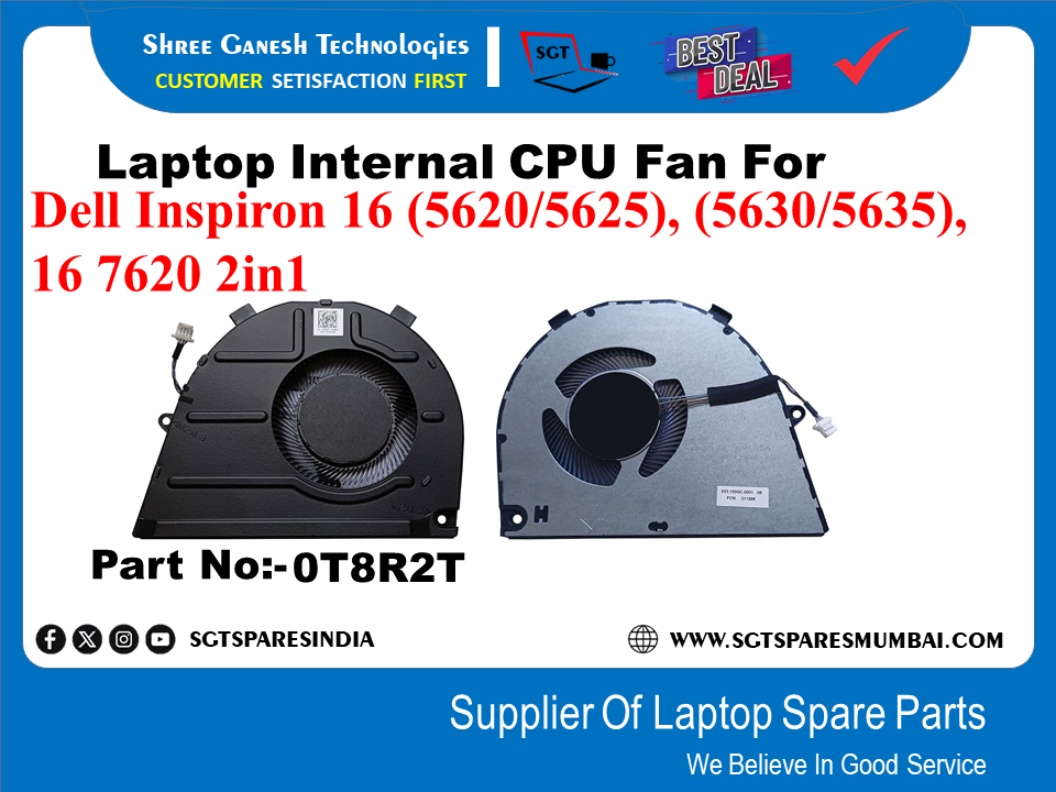 Laptop Internal CPU Fan For Dell Inspiron 16 (5620/5625), (5630/5635), 16 7620 2in 1 Part No:-0T8R2T