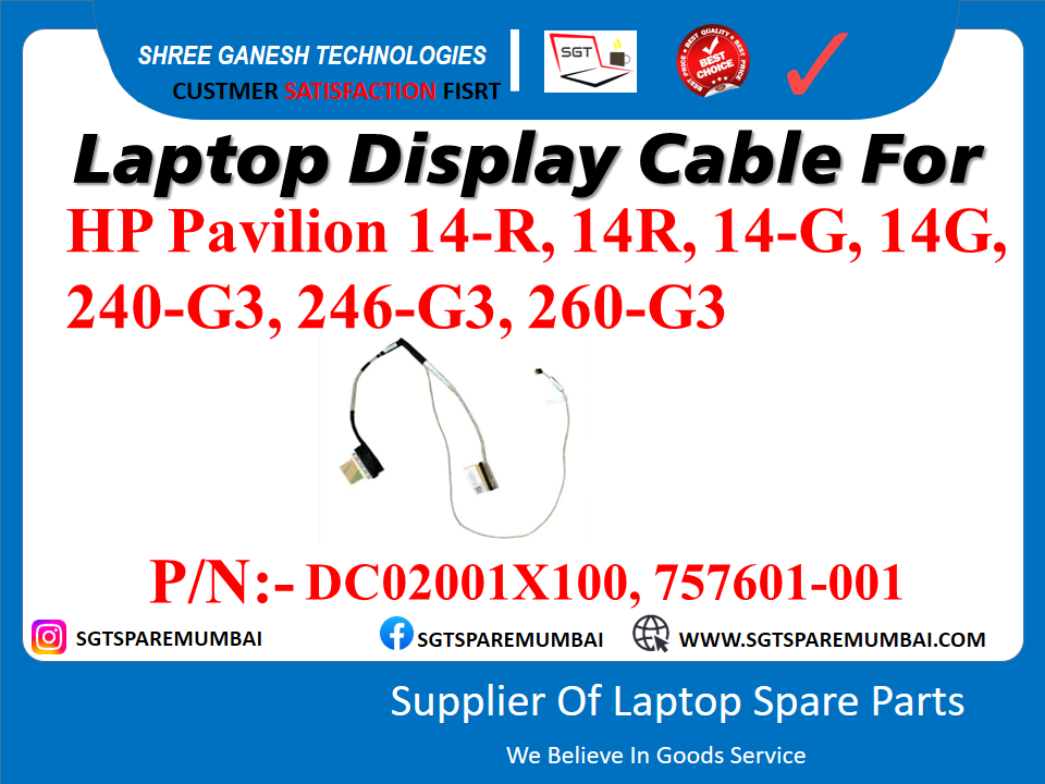 Laptop Display Cable For HP Pavilion 14-R, 14R, 14-G, 14G, 240-G3, 246-G3, 260-G3 P/N:- DC02001X100, 757601-001