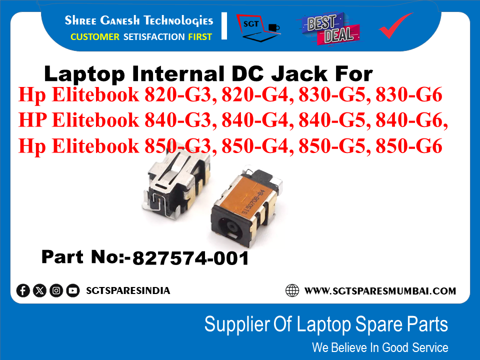 Laptop Internal DC Jack For Hp Elitebook 820-G3, 820-G4, 830-G5, 830-G6 HP Elitebook 840-G3, 840-G4, 840-G5, 840-G6, Hp Elitebook 850-G3, 850-G4, 850-G5, 850-G6 Part No:-827574-001