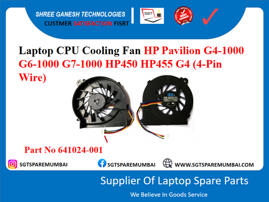 Laptop CPU Cooling Fan HP Pavilion G4-1000 G6-1000 G7-1000 HP450 HP455 G4 (4-Pin Wire) Part No 641024-001