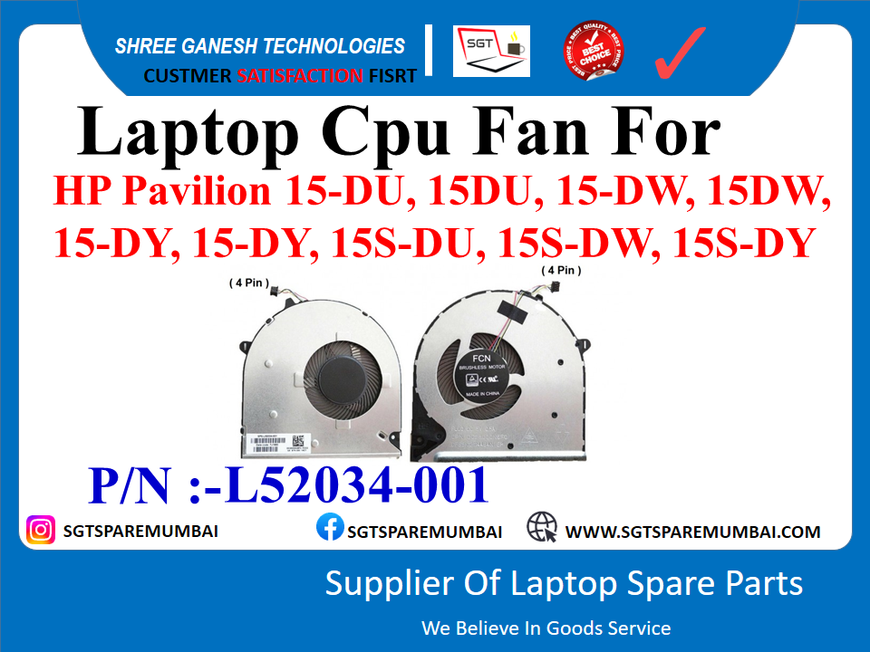 Laptop Cpu Fan For HP Pavilion 15-DU, 15DU, 15-DW, 15D W, 15-DY, 15-DY, 15S-DU, 15S-DW, 15S-DY (4 Pin), P/N :-L52034-001