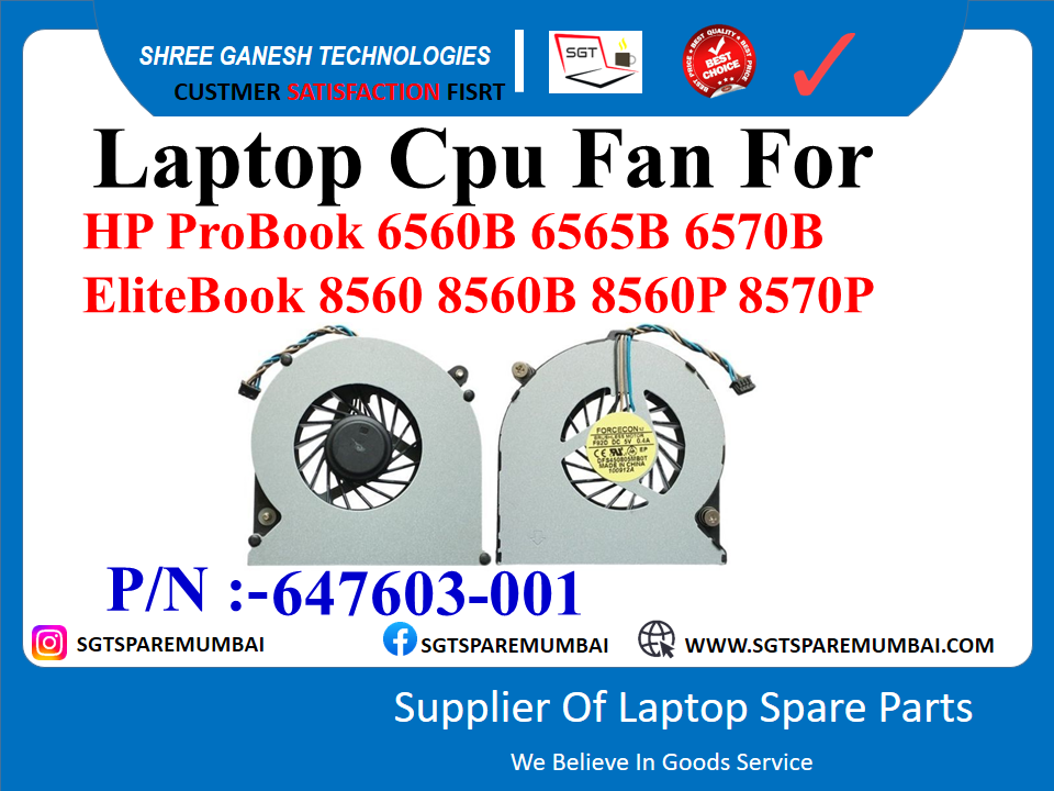 Laptop Cpu Fan For HP ProBook 6560B 6565B 6570B EliteBook 8560 8560B 8560P 8570P •1 P/N :-647603-001