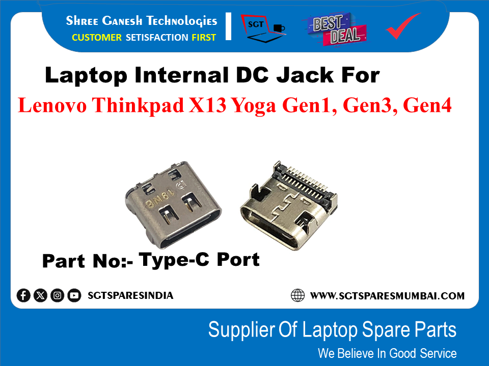 Laptop Internal DC Jack For Lenovo Thinkpad X13 Yoga Gen1, Gen3, Gen4 Part No:- Type-C Port