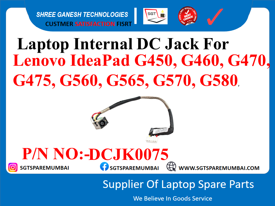 Laptop Internal DC Jack For Lenovo IdeaPad G450, G460, G470. G475, G560, G565, G570, G580. P/N NO:-DCJK0075