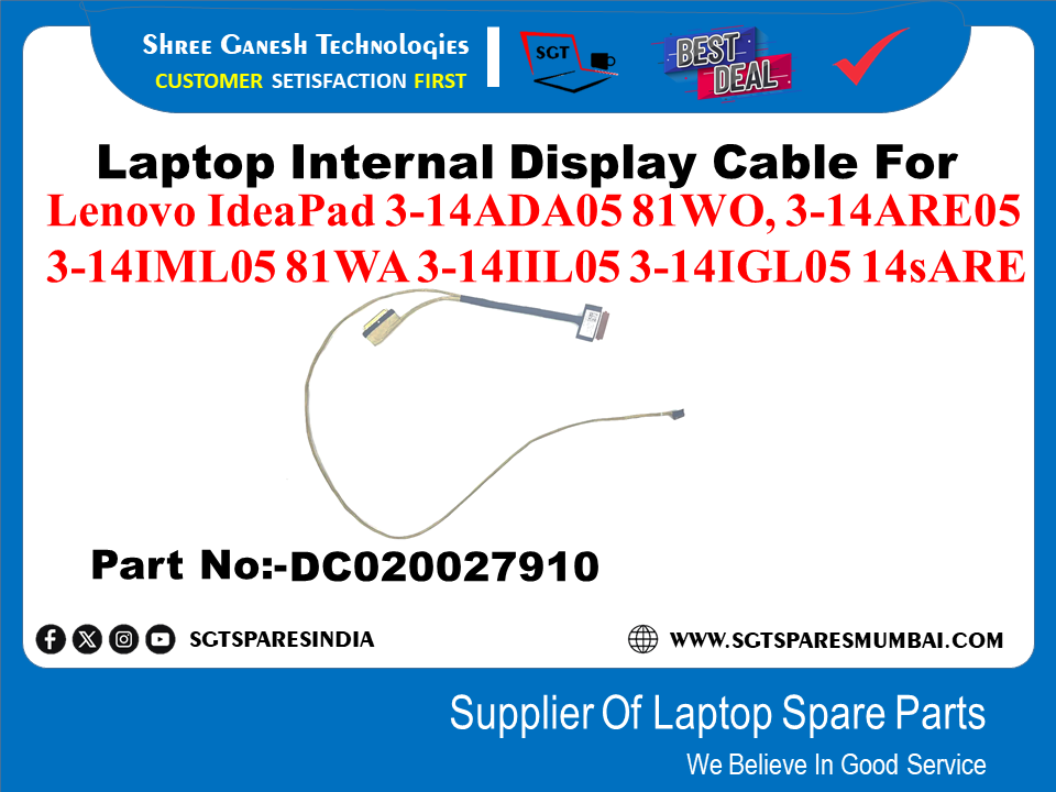 Laptop Internal Display Cable For Lenovo Idea Pad 3-14ADA05 81 WO, 3-14ARE05 3-141ML05 81 WA 3-1411.05 3-141GL05 14SARE Part No:-DC020027910