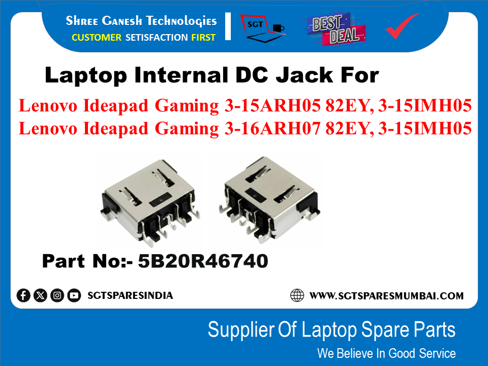 Laptop Internal DC Jack For Lenovo Ideapad Gaming 3-15ARH05 82EY, 3-15IM H05 Lenovo Ideapad Gaming 3-16ARH07 82EY, 3-15IM H05 Part No:- 5B20R46740