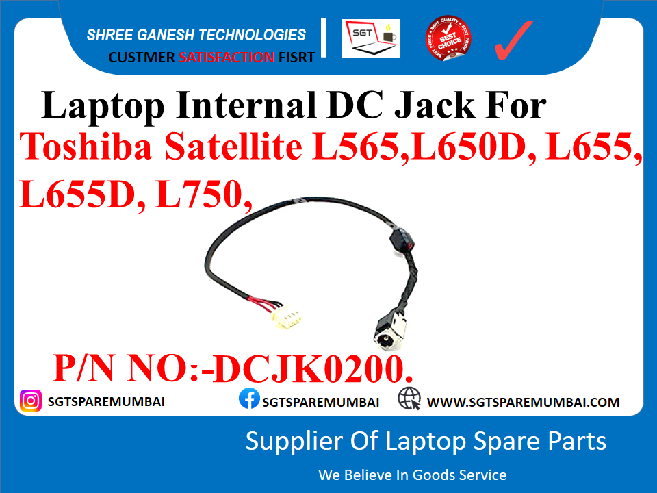 Laptop Internal DC Jack For Toshiba Satellite L565,L650D, L655, L655D, L750. P/N NO:-DC.JK0200.