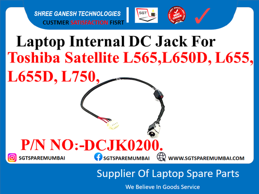 Laptop Internal DC Jack For Toshiba Satellite L565,L650D, L655, L655D, L750. P/N NO:-DC.JK0200.